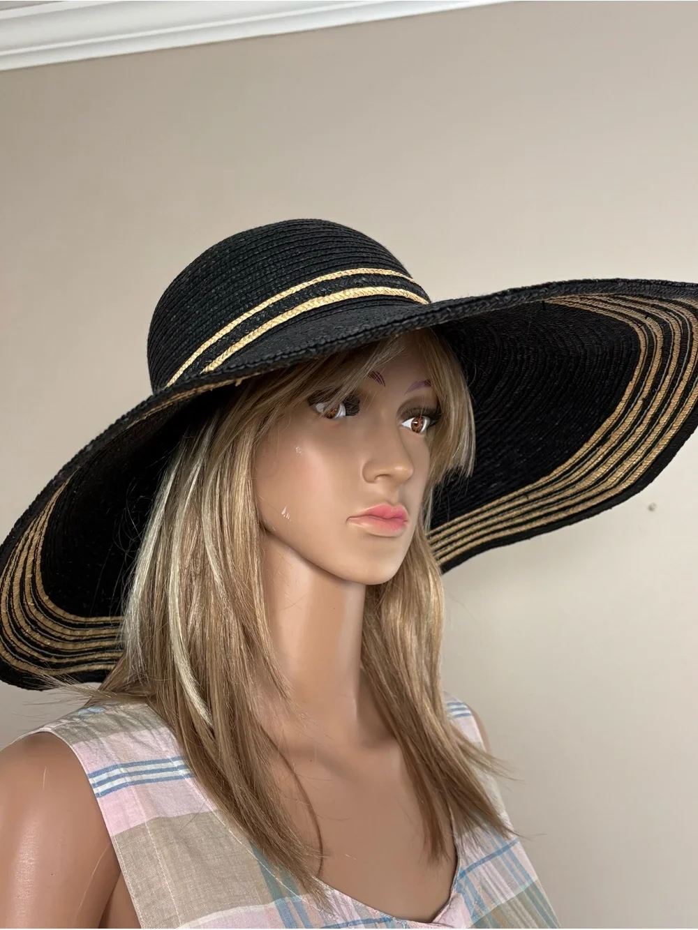 Women's LADY RACHEL Black & Tan WOVEN STRAW Wide Brim FASHION SUN HAT Italy